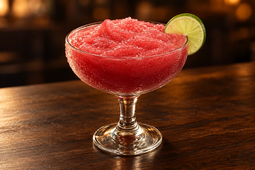 Pink frozen margarita in a glass with lime